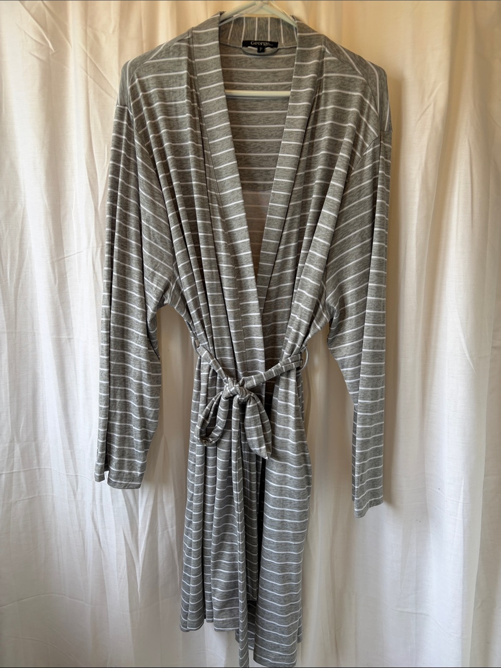 George Gray and White Striped Tie-Waist Robe